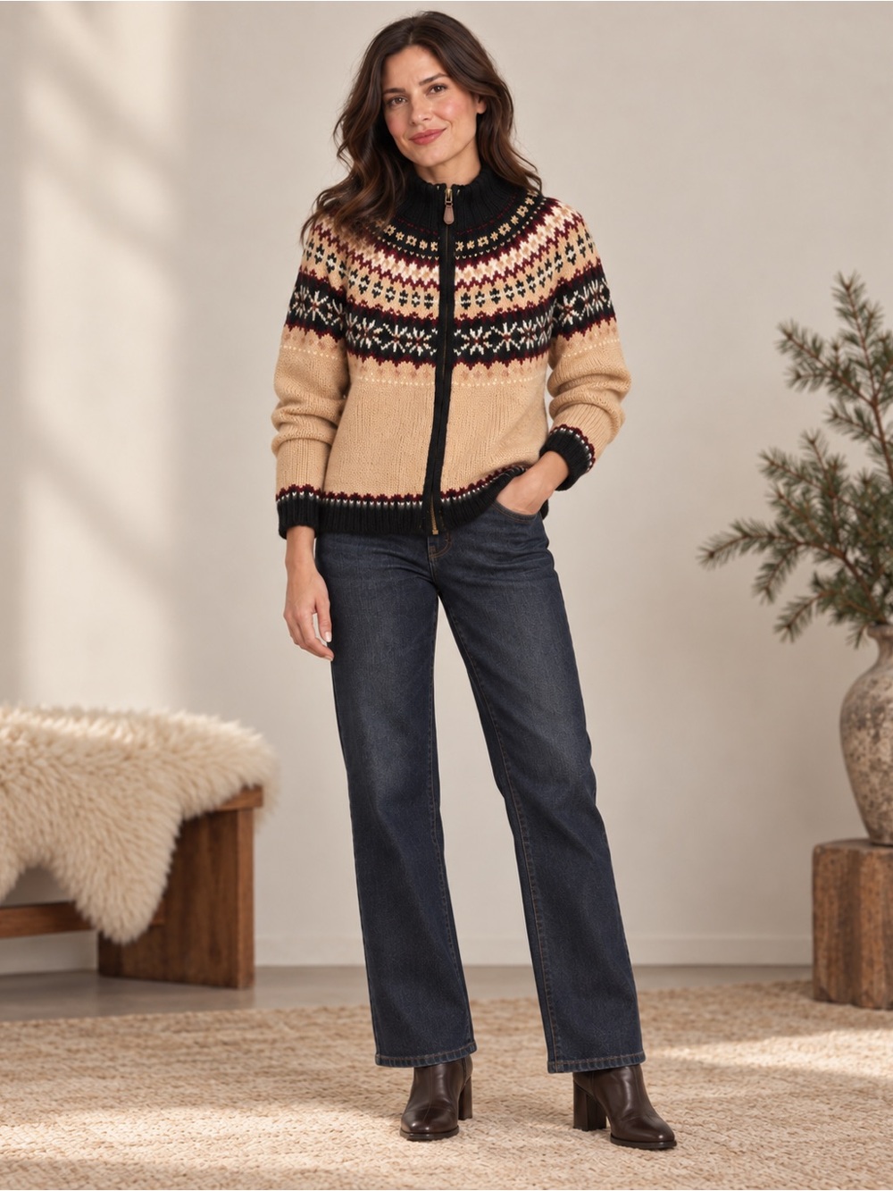 Men's Beige Fair Isle Zip-Up Sweater with Black Trim